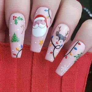 24Pcs Christmas Press on Nails Long Fake Nails